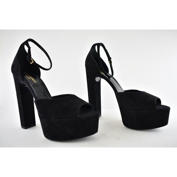 Saint Laurent Jodie Black Suede Platform Ankle Strap Sandal Block Heel Pump 42 - Picture 3 of 12